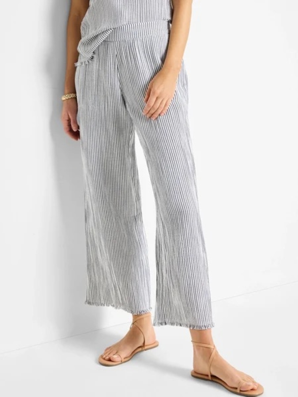 Nic + Zoe Pinstripe Wide Leg Gauze Pull On Pants Size 8 Fringe Hem Black White